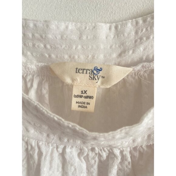 Terra & Sky Square Neckline White Textured Cotton Blouse Women’s Size 1X (16-18) - Picture 4 of 6